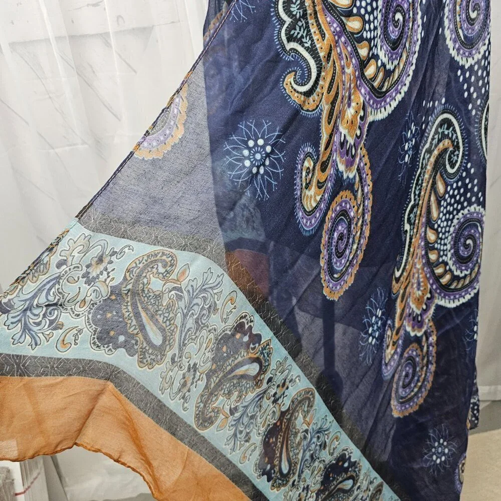 Unbranded Blue Orange Paisley Semi-Sheer Fringed Boho Scarf Shawl